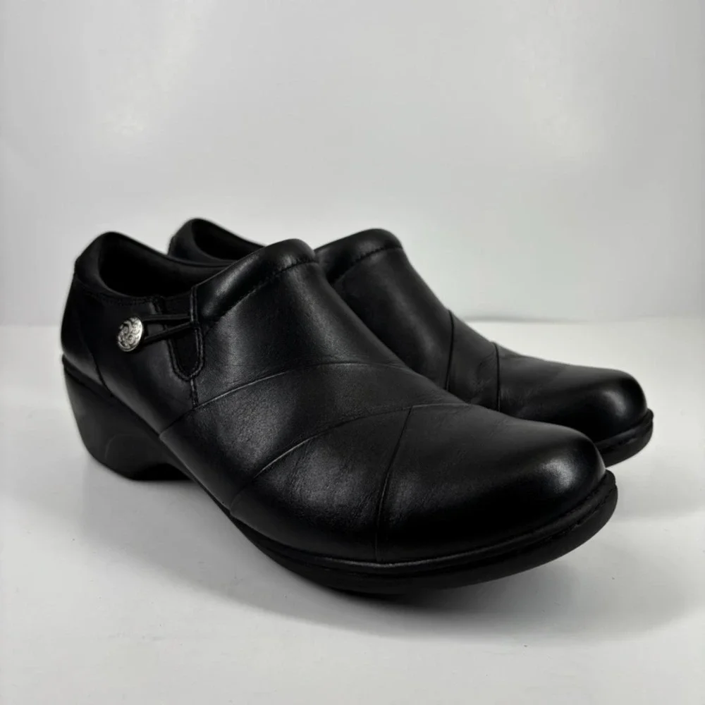 Clarks Channing Ann Women's US 11W Black Leather Comfort‎ Slip-On Wedge Loafers
